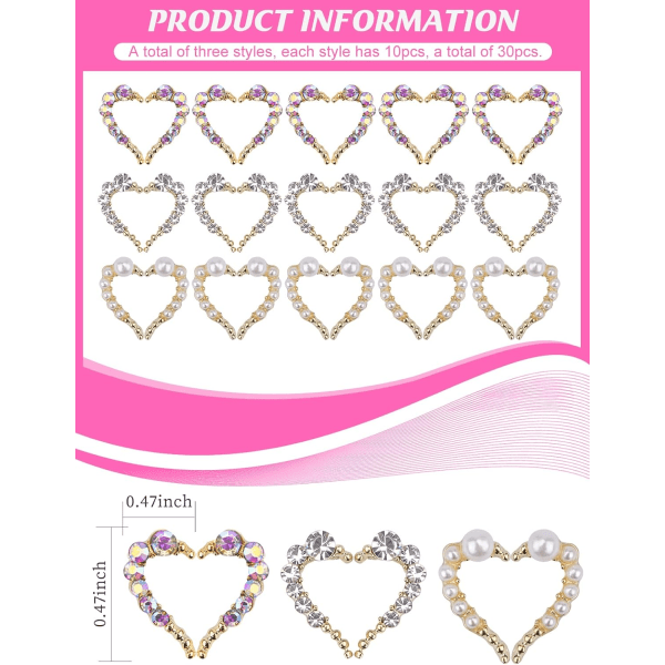 30 Pieces Nail Art Rhinestones, Nail Charms 3D Heart Nail Art