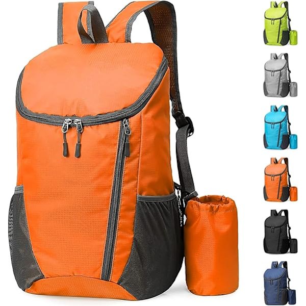 Kevyt kokoontaitettava reppu, pieni vaellusreppu, vedenpitävä pakattava reppu miehille naisille lapsille, kestävä reppu ulkoiluun ja matkustamiseen ORANGE