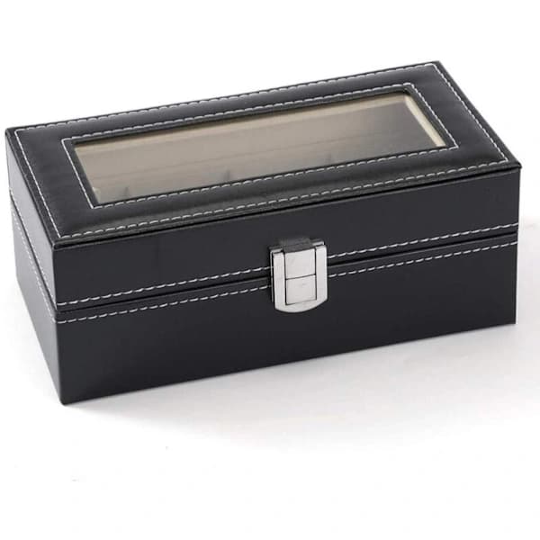 Watchbox Klockbox til 4 ure sort med hvid syning og vindue