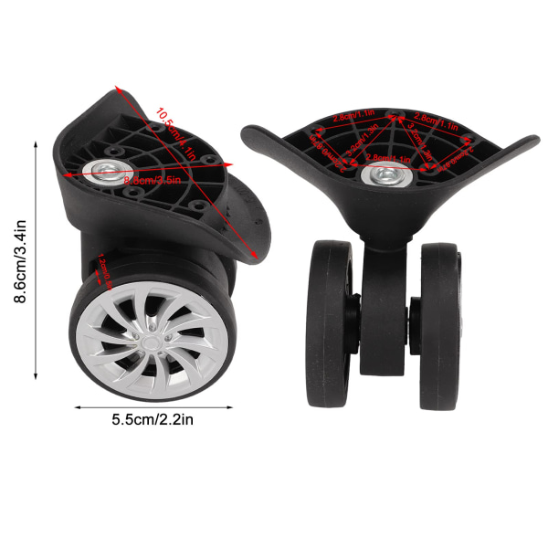 1 par reservhjul för bagage, nylon för vänster och höger bagage, med 5 skruvhål, 360 graders rotation