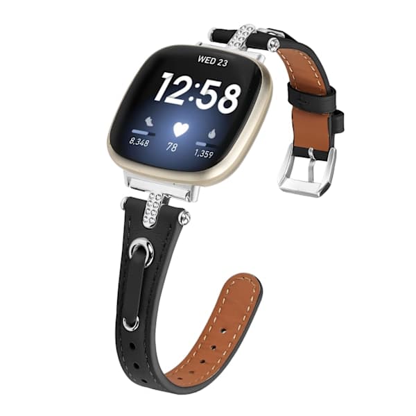 Fitbit Versa 3/4 læderurrem med T-formet Rhinestone Design Sort Sort, A
