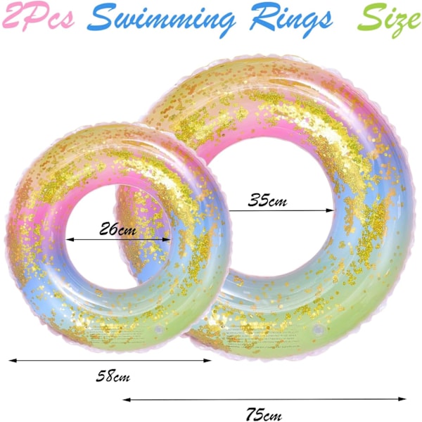 2 st Uppblåsbar Badring för Vuxna, Barn Badringar, Uppblåsbar Gummiring Pool Flyter Transparent Flytande Ring Badtub Rainbow-shinny