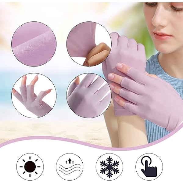 UV-skyddshandskar för kvinnor, 2 par, sommar, andningsbara solskyddshandskar i is-silke, halvfinger för ridning, golf, fiske, cykling Beige purple