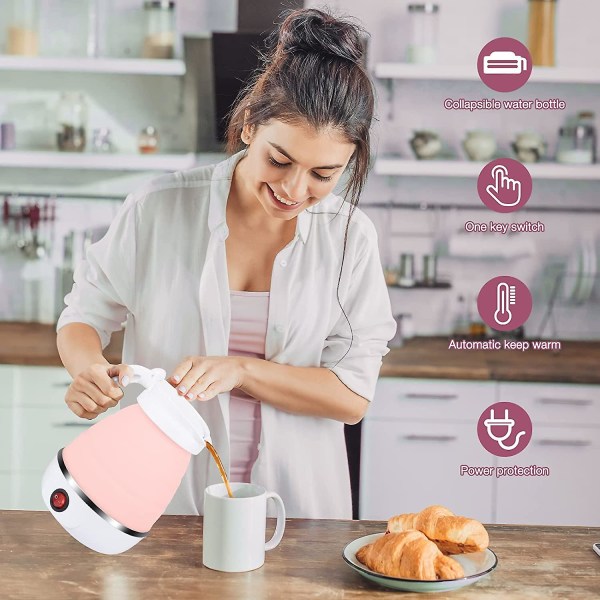 Pink sammenklappelig kedel 0,6L silikone rejsekedel sammenklappelig elektrisk kedel, mini bærbar kedel med rustfrit stål bund til camping, rejse,