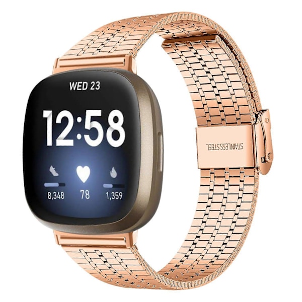For Fitbit Versa 4/Sense 2 Rustfritt Stål 7-Perlers Klokkereim Dobbel Spenne Erstatningsarmbånd Rose Gold