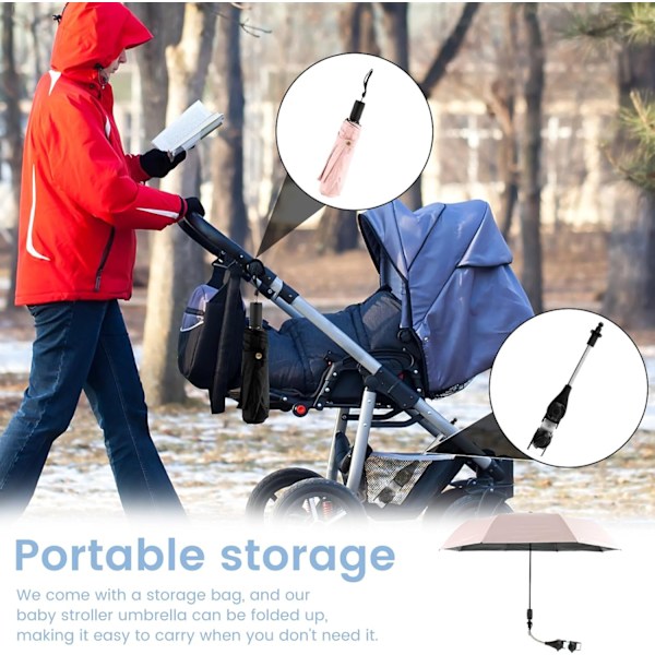 Universal Barnevogn Parasol 360° Justerbar Stroller Parasol UPF 50+ Solbeskyttelse Stroller Parasol med Justerbar Klemme Pink