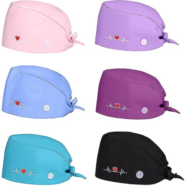 6 stk. Bouffant Scrub Cap, Åndbar Justerbar Arbejdshatte, Unisex Trykt Hat Til Personlig Pleje Forbrugsvarer, Flerfarvet Og En Størrelse