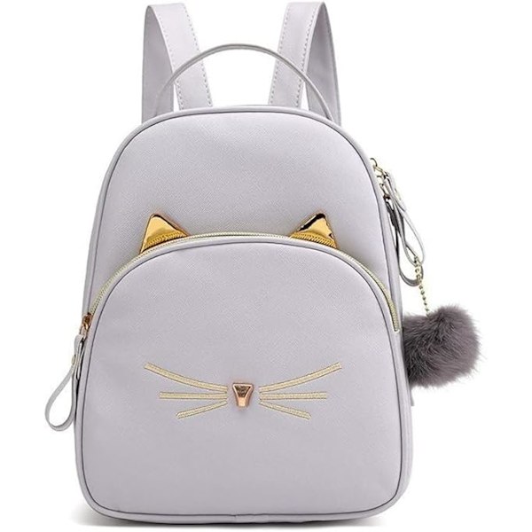 Tecknad Katt Mini Söt Ryggsäck Handväska för Kvinnor Fritid Liten Ryggsäck Dagväska PU Läder Axelväska Light Grey