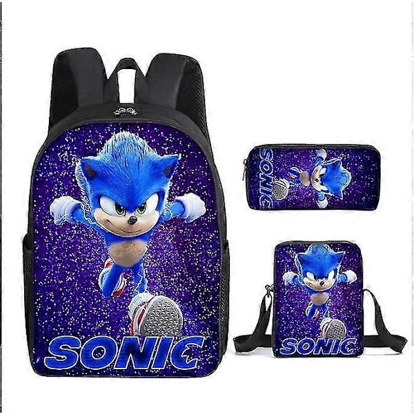 Sonic Grundskola Skolväska Tredelat Set Anime Tecknad Ryggsäck Axelväska Pennfodral hög kvalitet 1 backpack