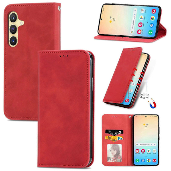 Retro-tyylinen magneettinen nahkainen puhelinkotelo Red For Samsung Galaxy S24+ 5G