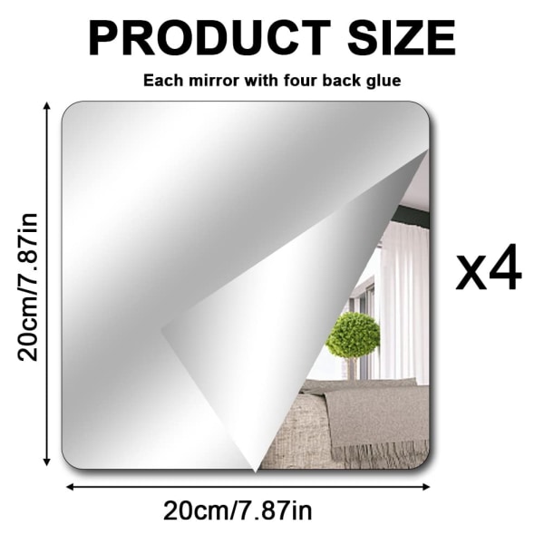 4 pieces of self-adhesive mirror attached to the wall 20x20cm