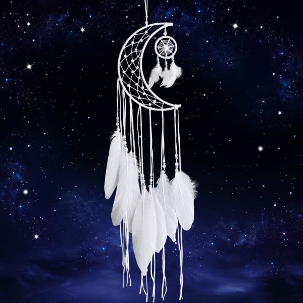 White Dreamcatcher Handgjord Moon Design med Feathers Dream