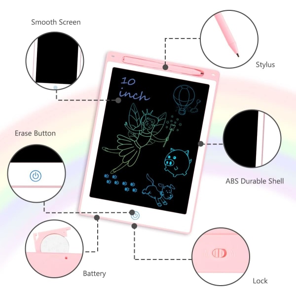 (Rosa) Fargerik LCD Skrivetavle, 10 Tommer Barnetegningstavle