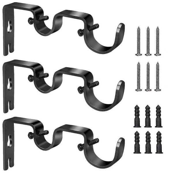 Dobbel gardinstangbrakett, ikke-justerbar, passer til 1\" og 5/8\" gardinstenger, sett med 3. Svart-PHWJ
