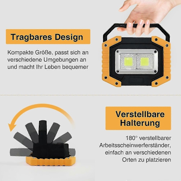 LED Bygglampe Batteri, Campinglampe Bærbar, 2xCOB 30W 1500lm LED Arbeidslampe USB For Garasje Camping Fiske Nødsituasjon Byggeplasser, 3 Lysmoduser (1 Stk) [en