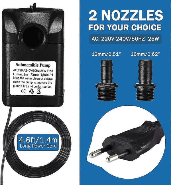 25W 1500l/h Nedsänkbar Vattenpump Med 5ft Strömledning Och 2 Munstycken