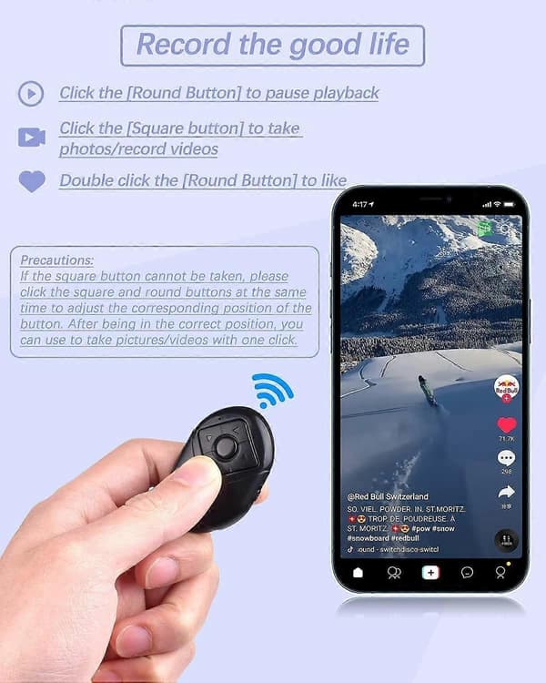 Bluetooth Fjernkontroll for iPhone & Android, TikTok Sidevender Spill/Pause Kamerautløser, 6 Knapper pink