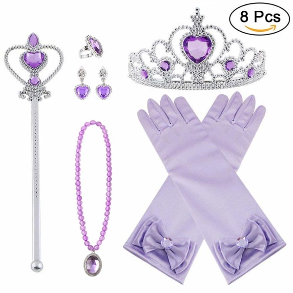 8 delar Princess kostym set, inklusive Princess tiara, handskar, trollstav, halsband, ring, lämplig för barn 3-9 år gammal tjej fest rollspel