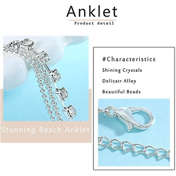 Ankelkjede Boho Lagdelt Krystall Ankelkjede Sølv Rhinestone Ankel Armbånd Kjede Perler Fot Smykker For Kvinner Og Jenter