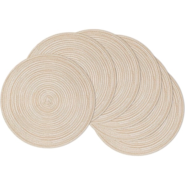 Pyöreät tablettien setti, 6 kpl, punotut kudotut tabletit, pestävät pöytätabletit, pyöreät lämmönkestävät pöytätabletit keittiöön ja ruokailuun Beige