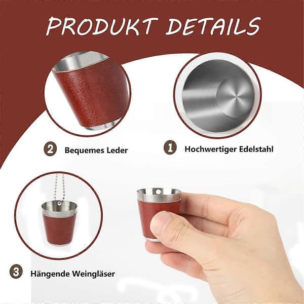 Metalliset snapsilasit ketjulla, 6 kpl, ruostumatonta terästä, 30 ml