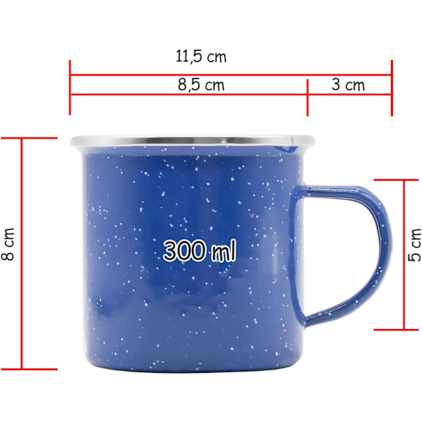 Emaljekopp, utendørskopp, campingkopp, kaffekopp, metallkopp, klassisk formskjønn design, blå med hvite prikker 300ml