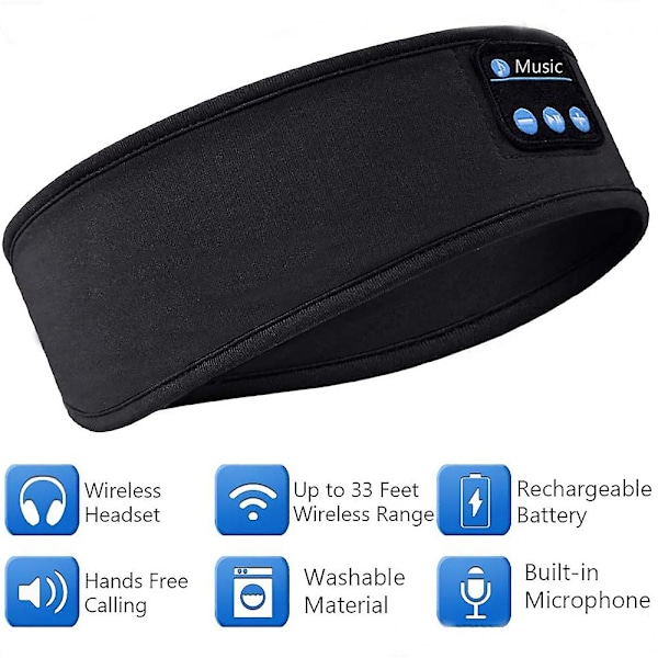 Trådlöst Bluetooth Elastiskt Pannband Bekväm Sovmask Hörlurar Headset För Musik Fitness Sport Black
