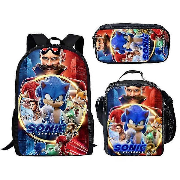 Sonic Grundskola Skolväska Tredelat Set Anime Tecknad Ryggsäck Axelväska Pennfodral hög kvalitet 17 backpack