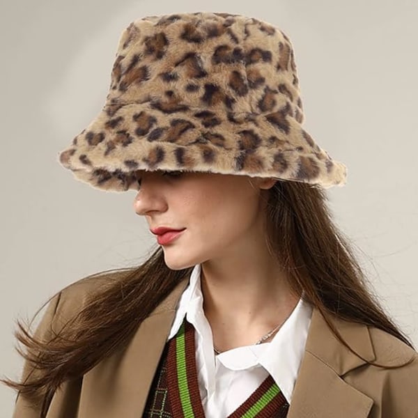 Vinter Falsk Bucket Hat Leopard Print Ull Plysj Bucket Hat