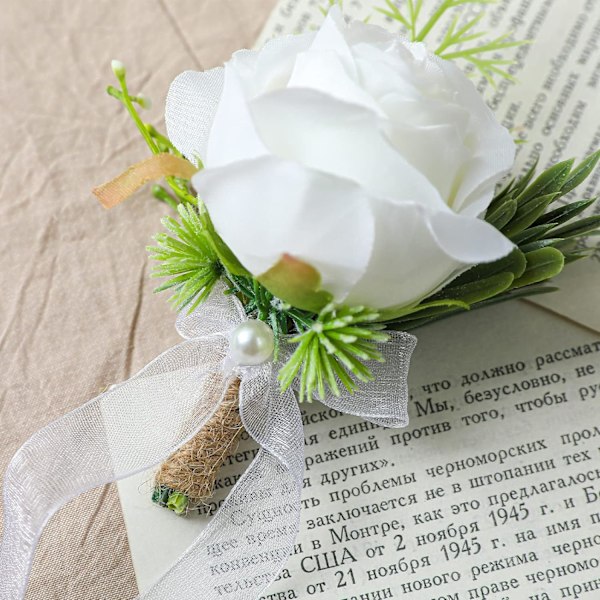 Bryllup Hvide Rose Håndledsblomster Kunstige Rose Blomster til Ceremoni Prom Fest Tilbehør 2pcs