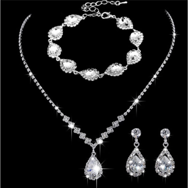 (Silver)3PCS Bride Bridal Crystal Halsband Örhängen Set Silver