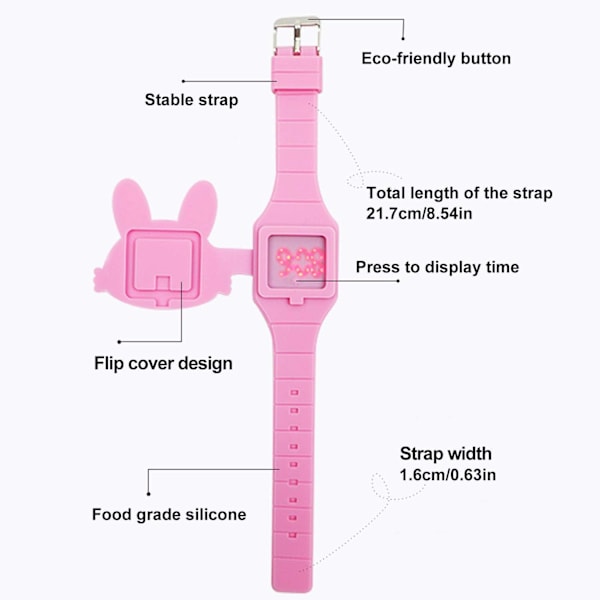 Söta digitala barnklocka, söt kaninformad flickklocka LED Mode Silikon Djurformad Clamshell Design Armbandsur Flicka