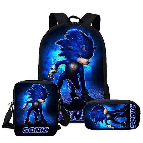 Sonic Grundskola Skolväska Tredelat Set Anime Tecknad Ryggsäck Axelväska Pennfodral hög kvalitet Q Shoulder bag
