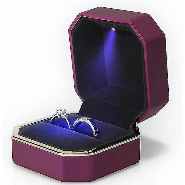 Luksus Ringæske, Firkantet Fløjl Bryllupsring Etui Smykke Gaveæske Med LED Lys Til Frieri Forlovelse Bryllup Purple
