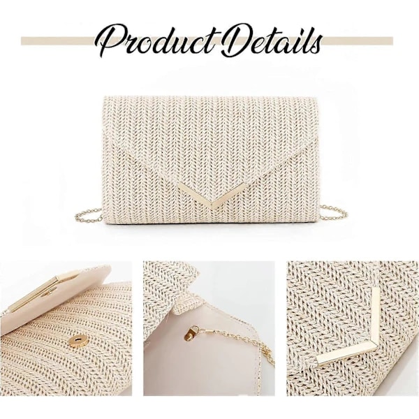 Stråtaske Clutch Raffia Rattan Sommertaske Vævede Strandtasker til Kvinder Bryllup Ferie Rejse Party 2024 (FMY) Beige