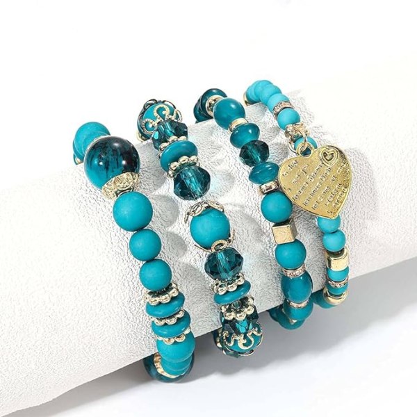 Set of 4 Bohemian Stretch Bead Bracelets with Heart and