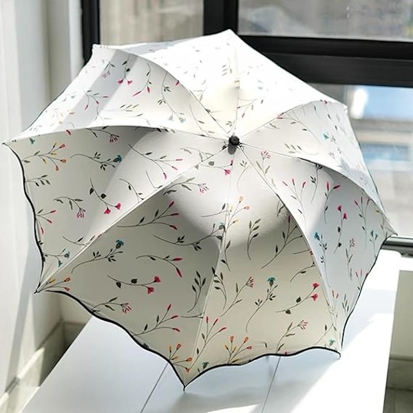 Foldbar Solskærm, Bærbar UV-beskyttende Paraply Dame Blomster Solparasoller Vindtæt Stærk Kompakt Paraply Sommer UPF 50 white
