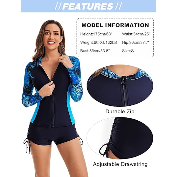 Rash Guard för damer UV-skydd UPF 50+ Långärmad simtröja Simtröja med dragkedja Baddräkt för kvinnor Snabbtorkande baddräkt M