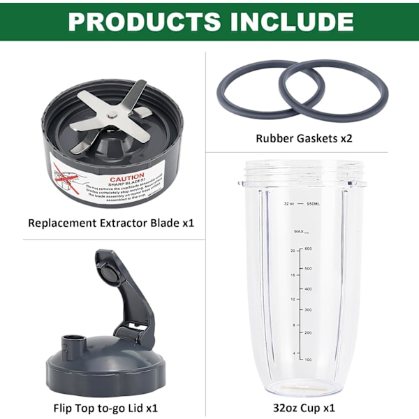 5 Dele Blender Reservedele Ekstraktorblad og 950 ml Kop til NutriBullet 600w & 900w Serien, Inklusive 1 Flip-Top To-Go Låg og 2 Gummitætninger