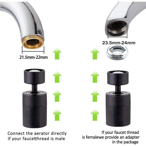 Kranlufter, 360 graders svingbar - 2 moduser justerbar kjøkkenkranfilter boble for kjøkken bad, med adapter 24mm utvendig gjenge - 22mm innvendig