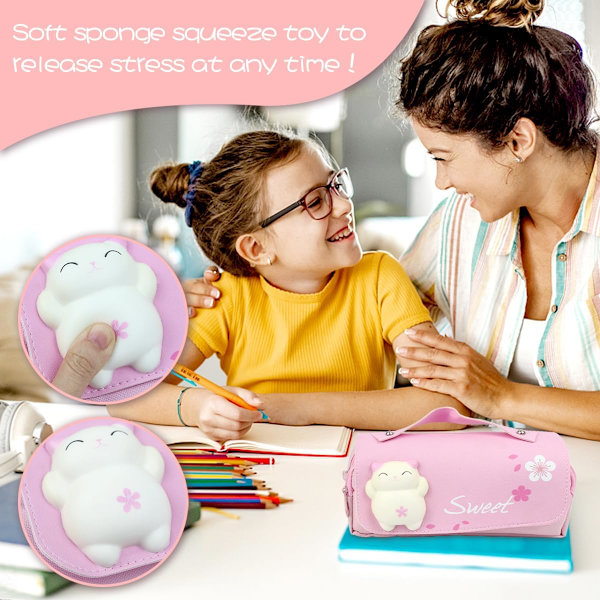 Penneveske Jenter, Kawaii Penneveske med 3 Rom, Søt Skrivesaker Organizer Penn Bag for Skolebarn Sponge pink