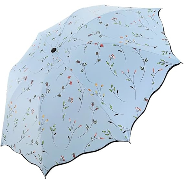 Foldbar Solskærm, Bærbar UV-beskyttende Paraply Dame Blomster Solparasoller Vindtæt Stærk Kompakt Paraply Sommer UPF 50 light blue
