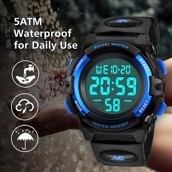 Barnklocka, Pojkklocka för 6-15 åriga pojkar, Digital Sport Utomhus Multifunktionell Kronograf LED 50 M Vattentät Alarm Kalender Analog Klocka