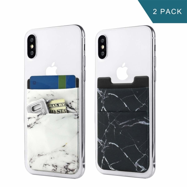 2 fleksible telefonkortklemmer fastgjort til ærmet, velegnet til de fleste smartphones (hvid og sort marmor)