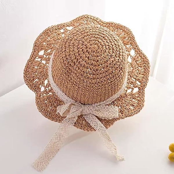Baby Flickhatt i Halm Småbarn Sommar Solhatt med Rosett Vikbar Strand Solskyddshattar för 2-6 År Khaki
