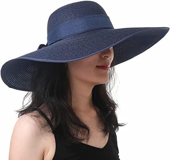 Kvinders Foldbar Floppy Bredbremmet Halm Solhat Sommer Strandhat UV UPF 50+ Navy