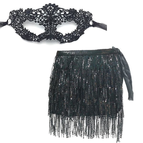 Sequin Lace Mask Skirt, 4 Layers Sequin Fringe Skirt and Venetian Mask, Sequin Oriental Dance Scarf and Mask, Sequin Fringe Skirt Women's Sequin Skirt