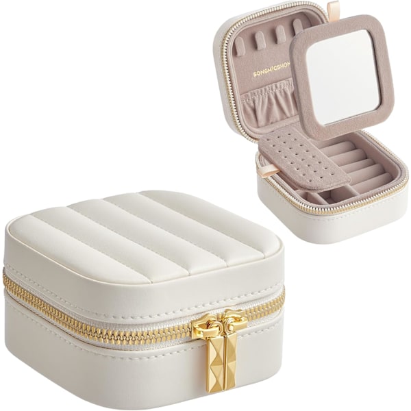 Resesmyckeskrin, Liten Smyckeskrin Organizer med Spegel, PU-yta med Sömmar, Portabel, Dragkedjor, Presentidé Cloud White 10cm