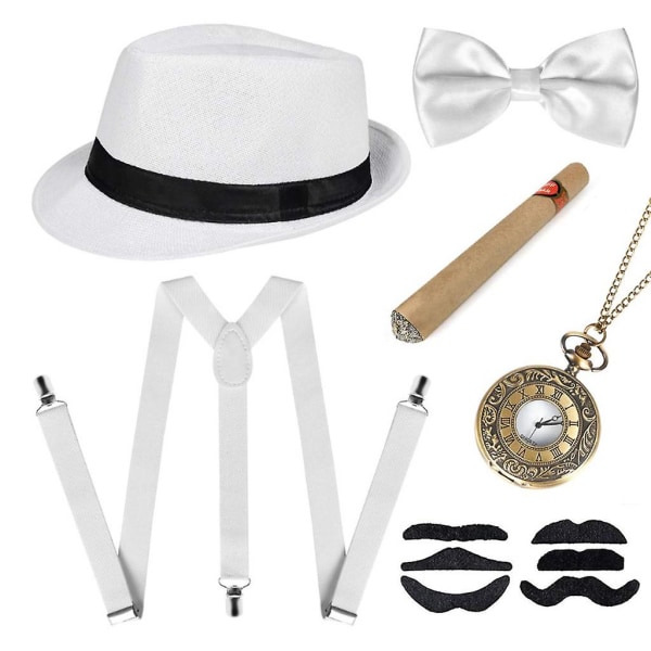 1920s Mens Fancy Dress Accessories Gangster Flapper Set Great Gatsby Costume Kit 20s with Trilby Hat Mustache Elastic Suspenders Male Pocket Watch