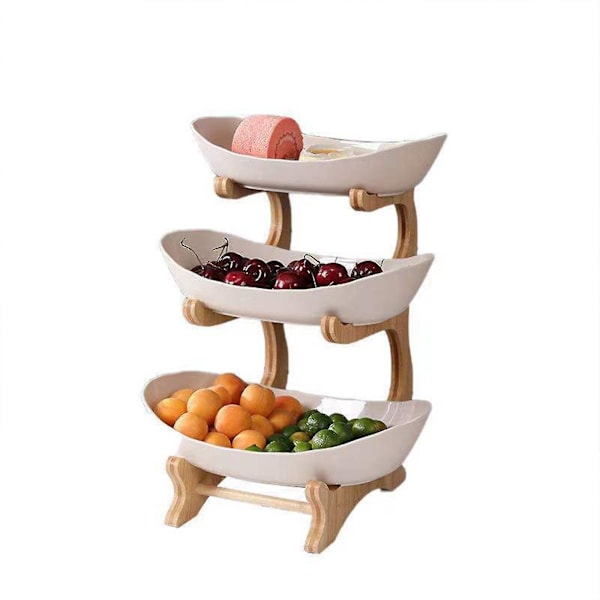 Keramiska Fruktskålar - 2/3 Vånings Ovala Serveringsskålar Set Med Bambuställning (, Beis, ) green